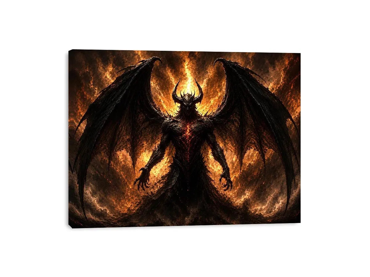 Dark abstract demon wall art with shadowy wings and glowing red gothic textures.