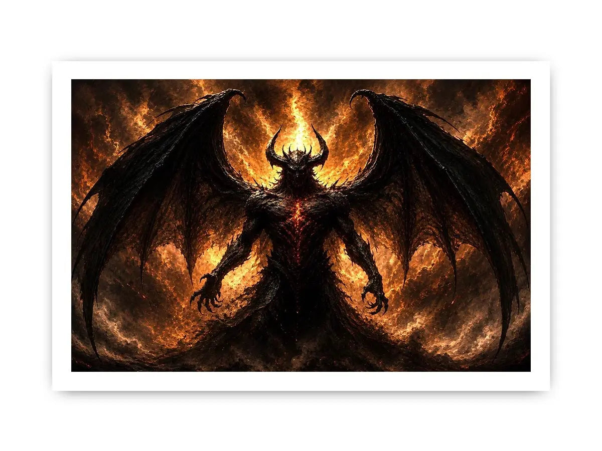 Dark abstract demon wall art with shadowy wings and glowing red gothic textures.