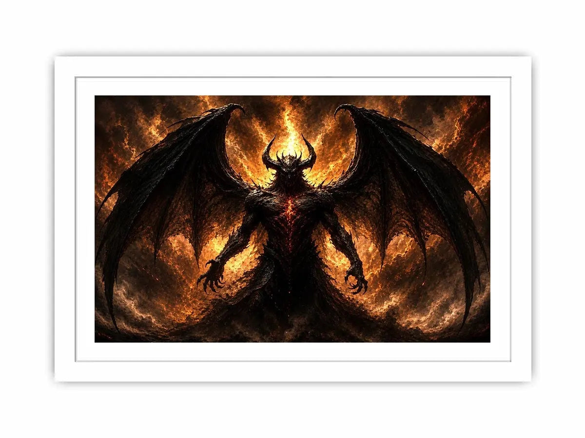 Dark abstract demon wall art with shadowy wings and glowing red gothic textures.