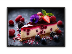 Berry cheesecake wall art with strawberries, raspberries, blueberries and glossy dessert glaze.