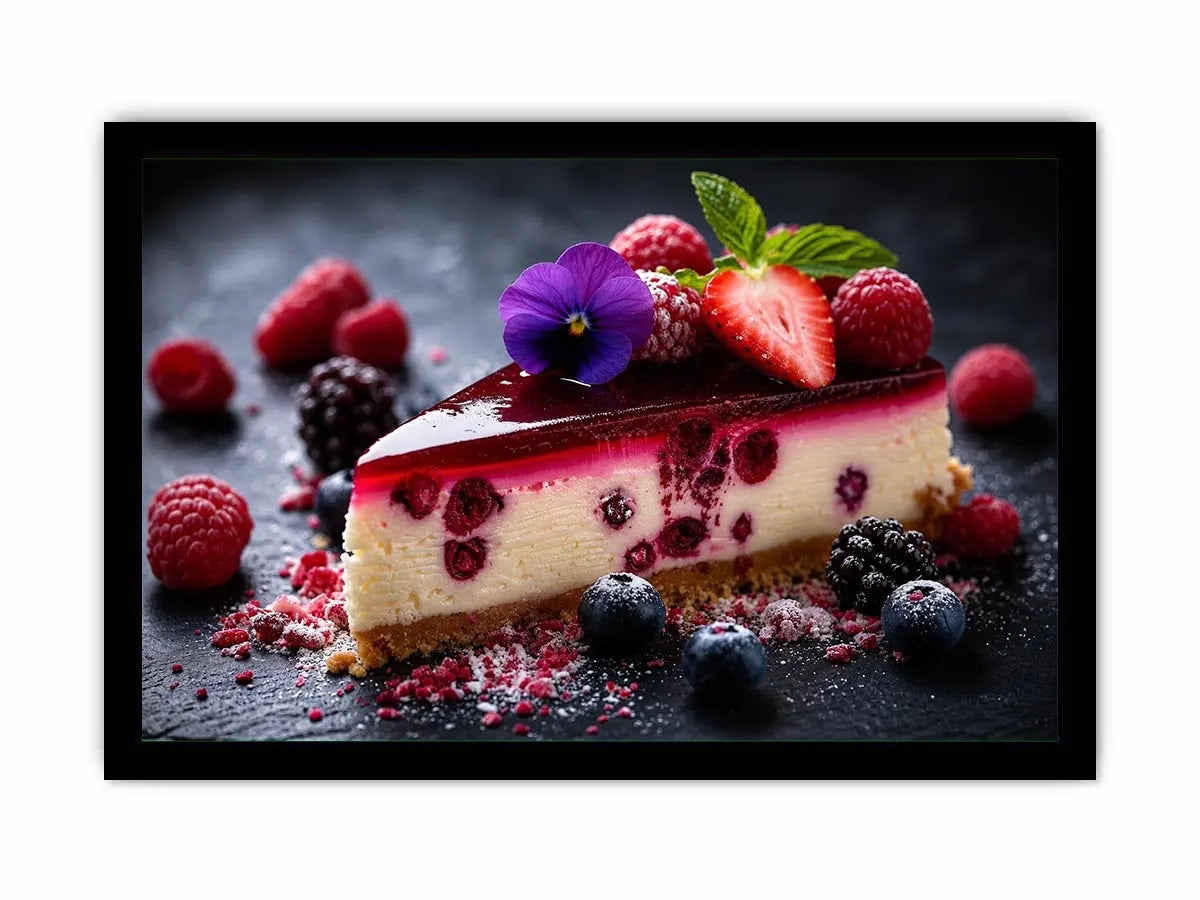 Berry cheesecake wall art with strawberries, raspberries, blueberries and glossy dessert glaze.