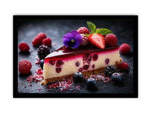 Berry cheesecake wall art with strawberries, raspberries, blueberries and glossy dessert glaze.