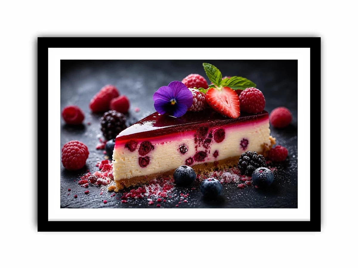 Berry cheesecake wall art with strawberries, raspberries, blueberries and glossy dessert glaze.