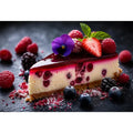 Berry cheesecake wall art with strawberries, raspberries, blueberries and glossy dessert glaze.