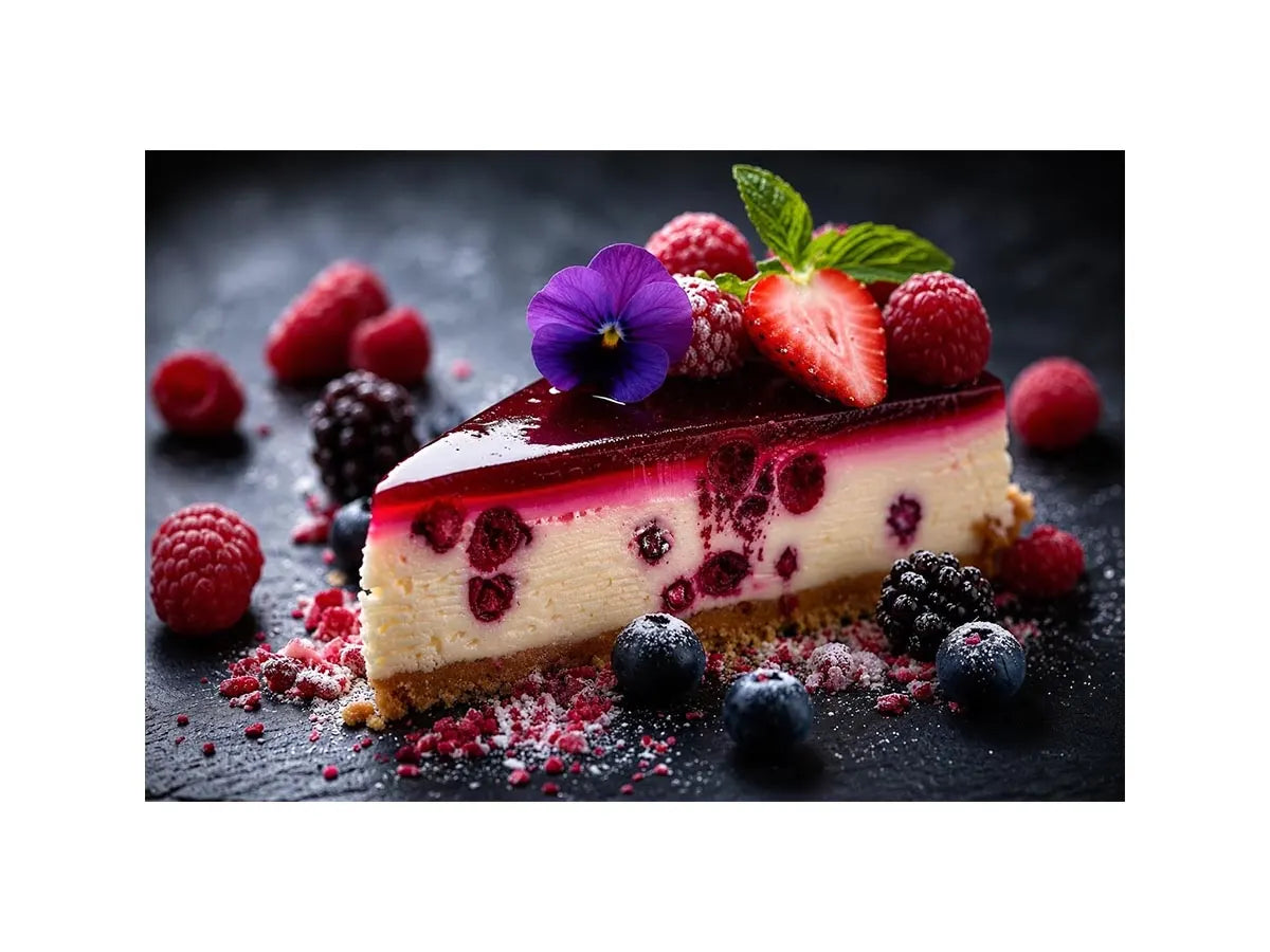 Berry cheesecake wall art with strawberries, raspberries, blueberries and glossy dessert glaze.