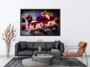 Berry cheesecake wall art with strawberries, raspberries, blueberries and glossy dessert glaze.