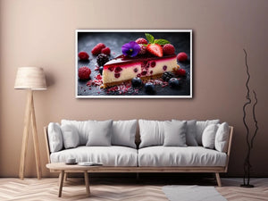 Berry cheesecake wall art with strawberries, raspberries, blueberries and glossy dessert glaze.