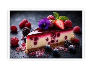 Berry cheesecake wall art with strawberries, raspberries, blueberries and glossy dessert glaze.