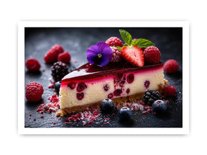 Berry cheesecake wall art with strawberries, raspberries, blueberries and glossy dessert glaze.