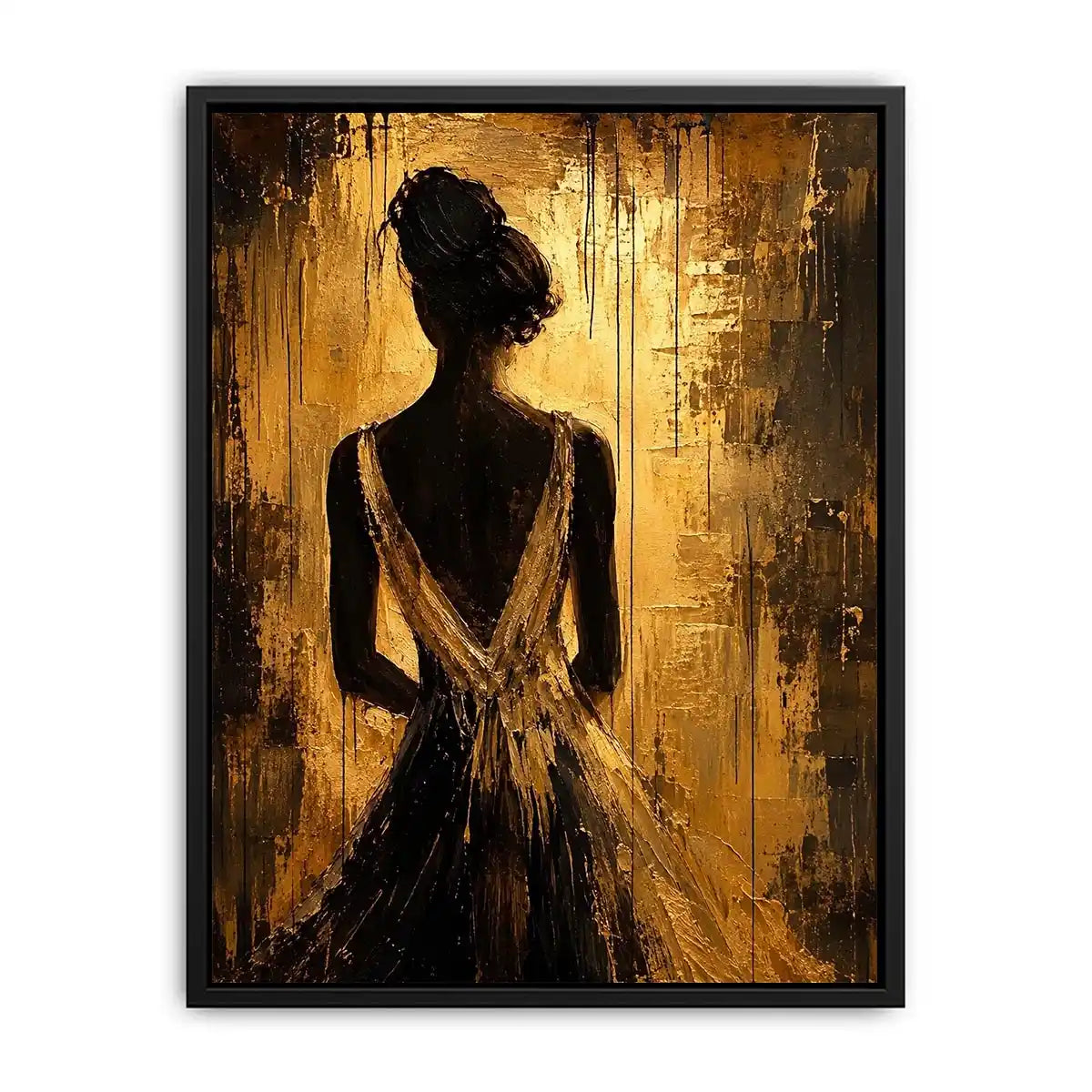 Abstract feminine silhouette wall art with golden textured background and elegant modern figure.