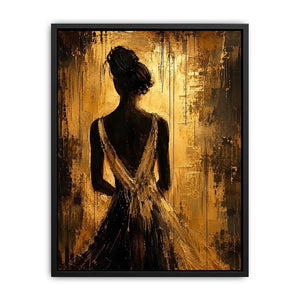 Abstract feminine silhouette wall art with golden textured background and elegant modern figure.