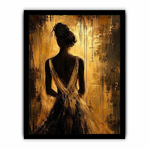 Abstract feminine silhouette wall art with golden textured background and elegant modern figure.