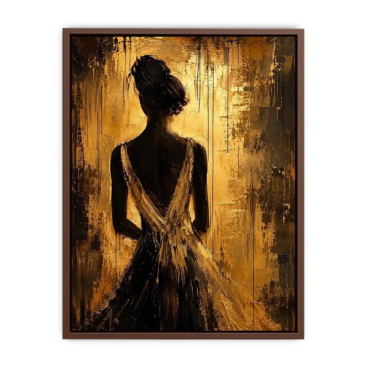 Abstract feminine silhouette wall art with golden textured background and elegant modern figure.