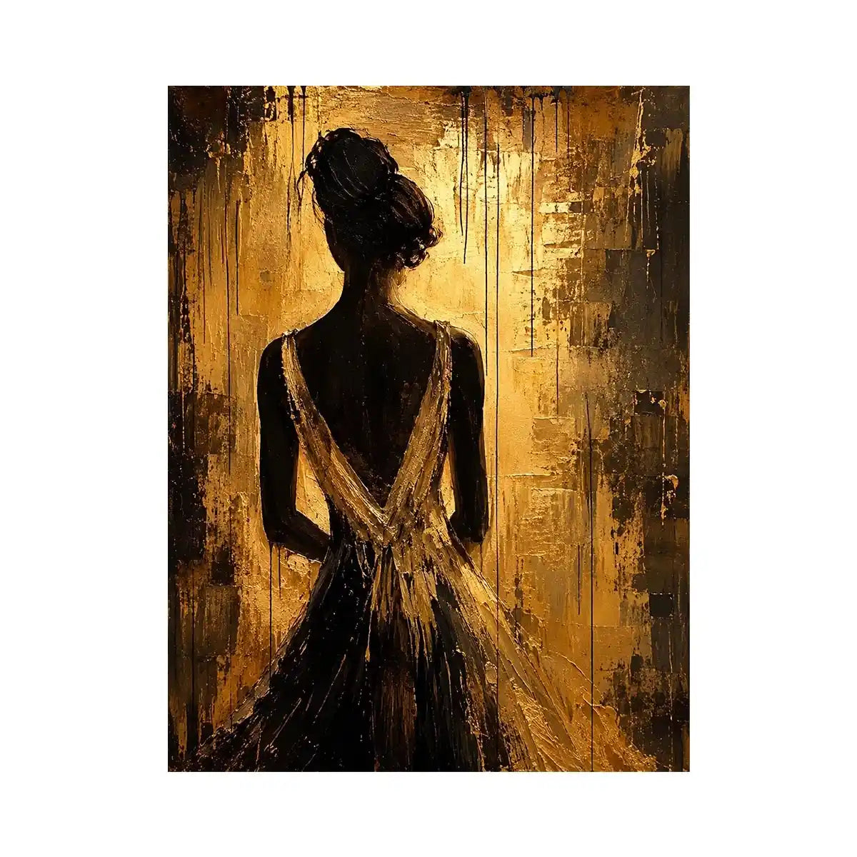 Abstract feminine silhouette wall art with golden textured background and elegant modern figure.