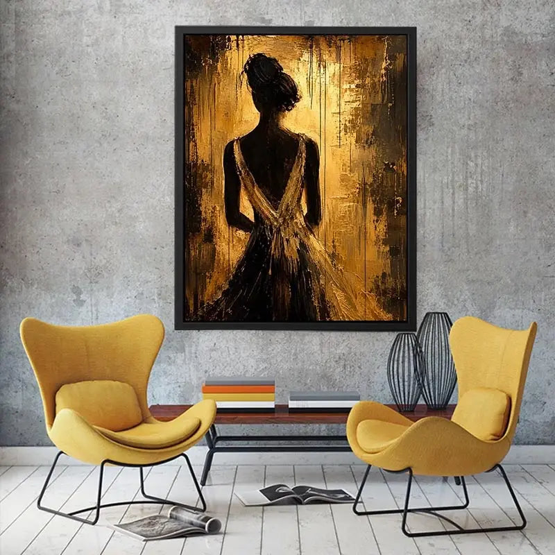 Abstract feminine silhouette wall art with golden textured background and elegant modern figure.