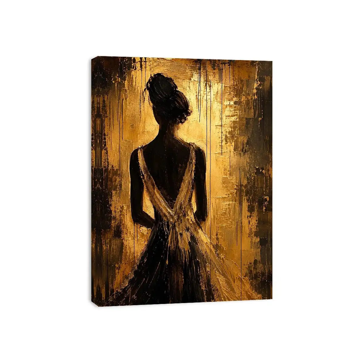 Abstract feminine silhouette wall art with golden textured background and elegant modern figure.