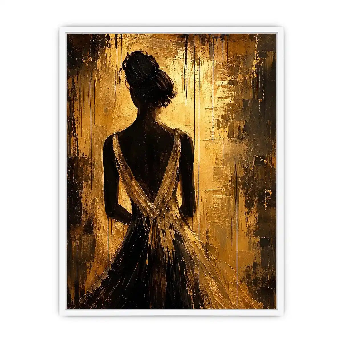 Abstract feminine silhouette wall art with golden textured background and elegant modern figure.