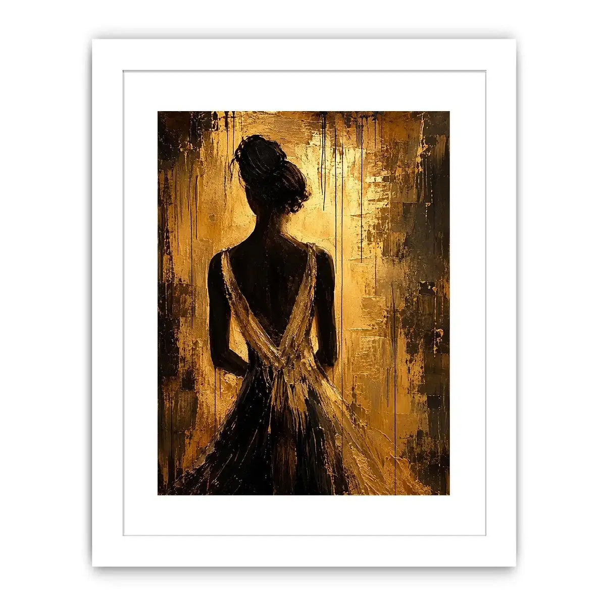 Abstract feminine silhouette wall art with golden textured background and elegant modern figure.