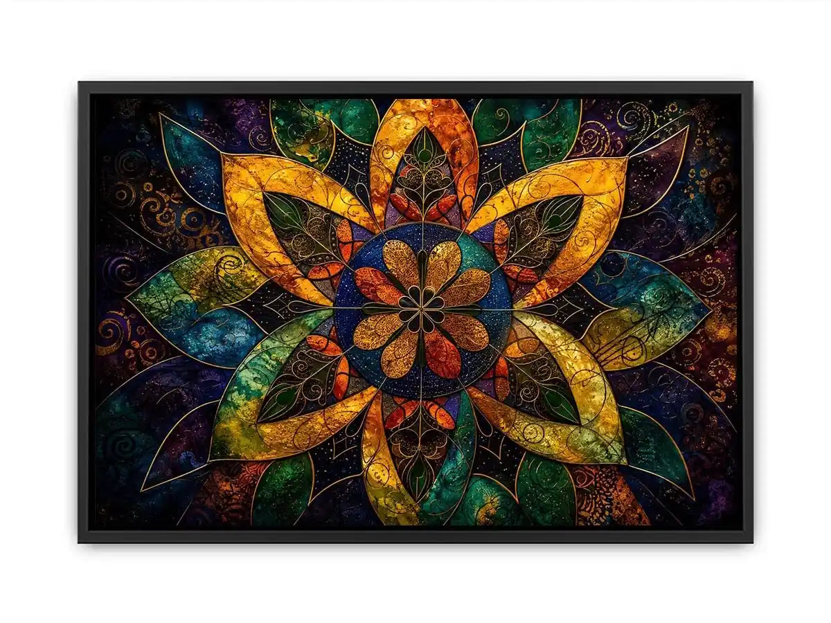Colorful mandala wall art with geometric floral patterns and vibrant sacred symmetry.