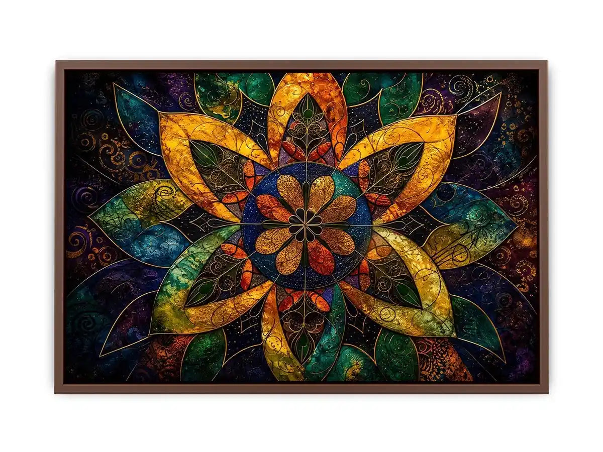 Colorful mandala wall art with geometric floral patterns and vibrant sacred symmetry.