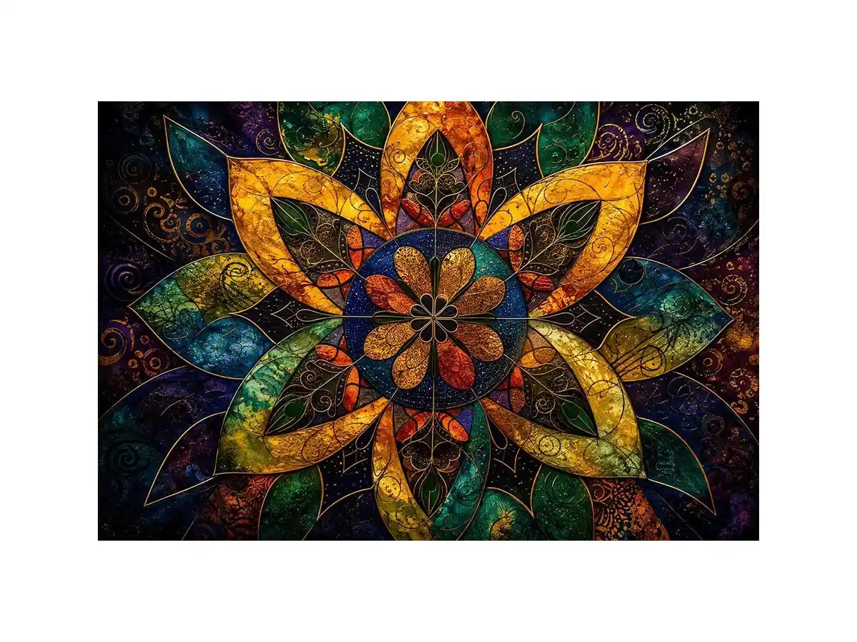 Colorful mandala wall art with geometric floral patterns and vibrant sacred symmetry.