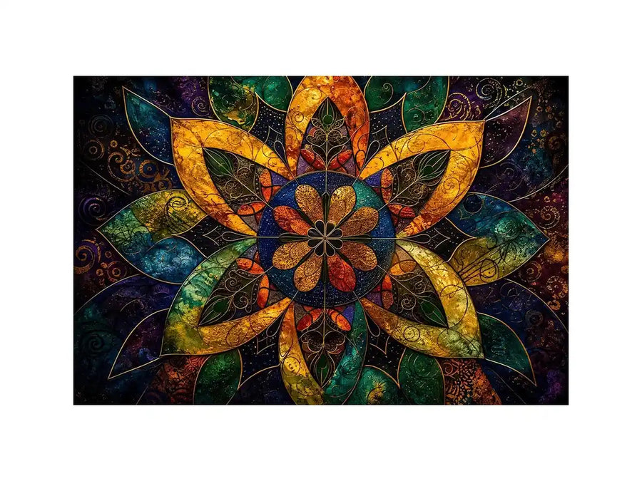 Colorful mandala wall art with geometric floral patterns and vibrant sacred symmetry.