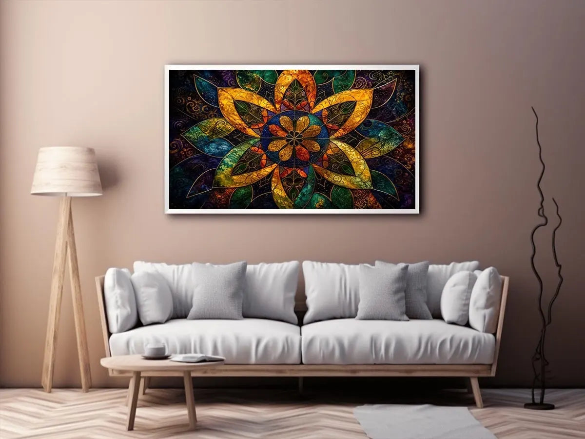 Colorful mandala wall art with geometric floral patterns and vibrant sacred symmetry.