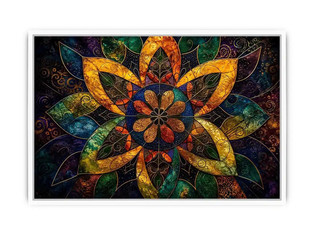 Colorful mandala wall art with geometric floral patterns and vibrant sacred symmetry.