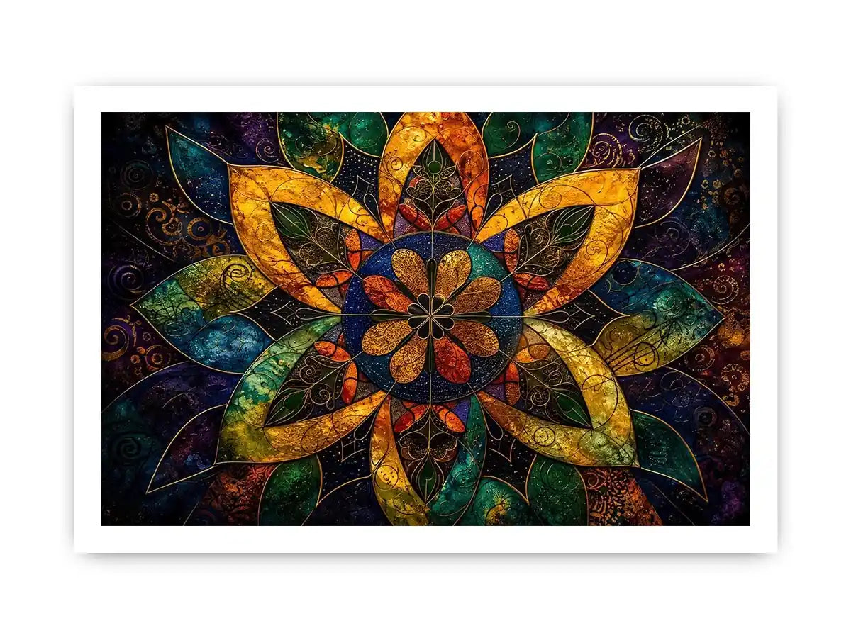 Colorful mandala wall art with geometric floral patterns and vibrant sacred symmetry.