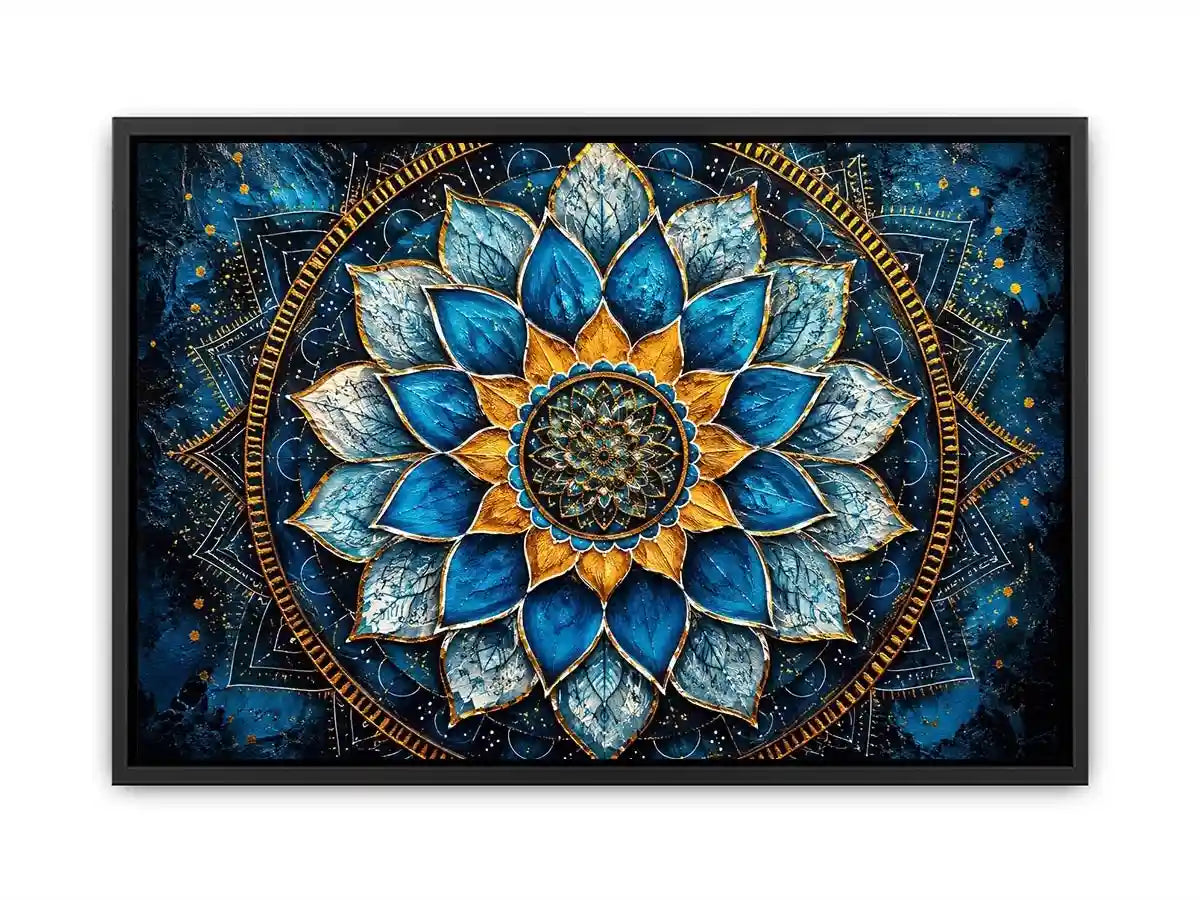 Blue lotus mandala wall art with intricate floral geometry and golden spiritual accents.