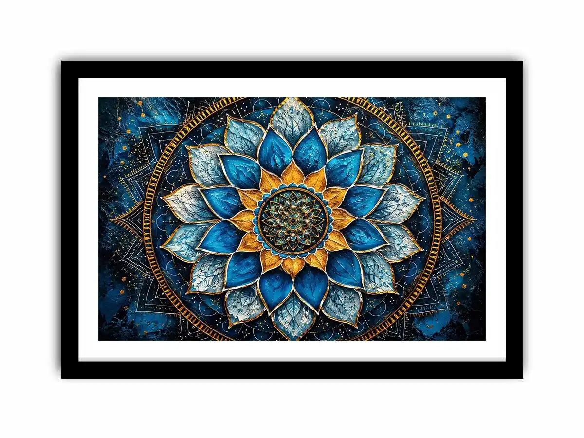 Blue lotus mandala wall art with intricate floral geometry and golden spiritual accents.