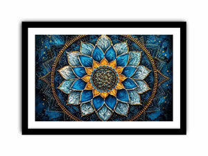 Blue lotus mandala wall art with intricate floral geometry and golden spiritual accents.