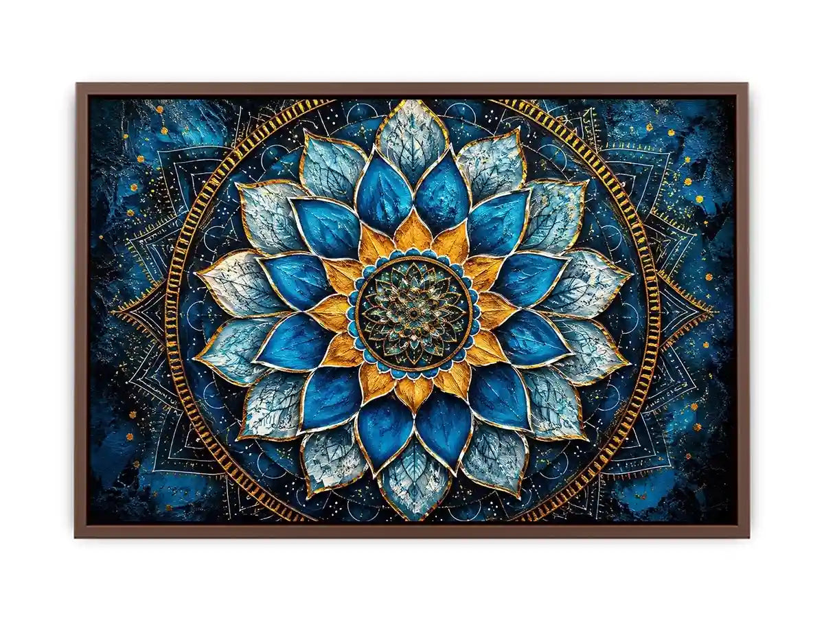Blue lotus mandala wall art with intricate floral geometry and golden spiritual accents.