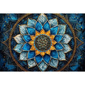 Blue lotus mandala wall art with intricate floral geometry and golden spiritual accents.