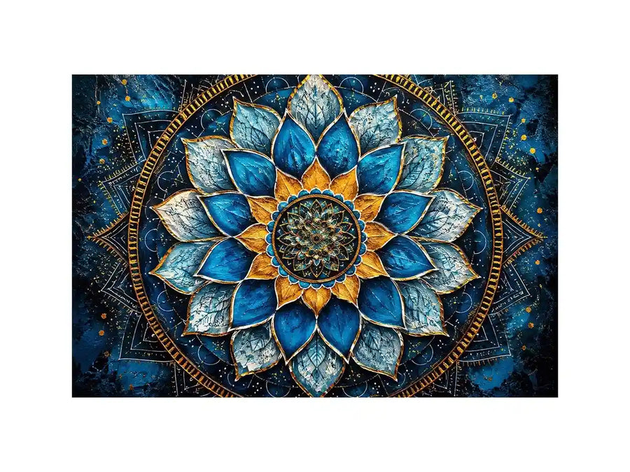 Blue lotus mandala wall art with intricate floral geometry and golden spiritual accents.