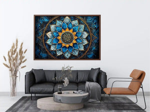 Blue lotus mandala wall art with intricate floral geometry and golden spiritual accents.