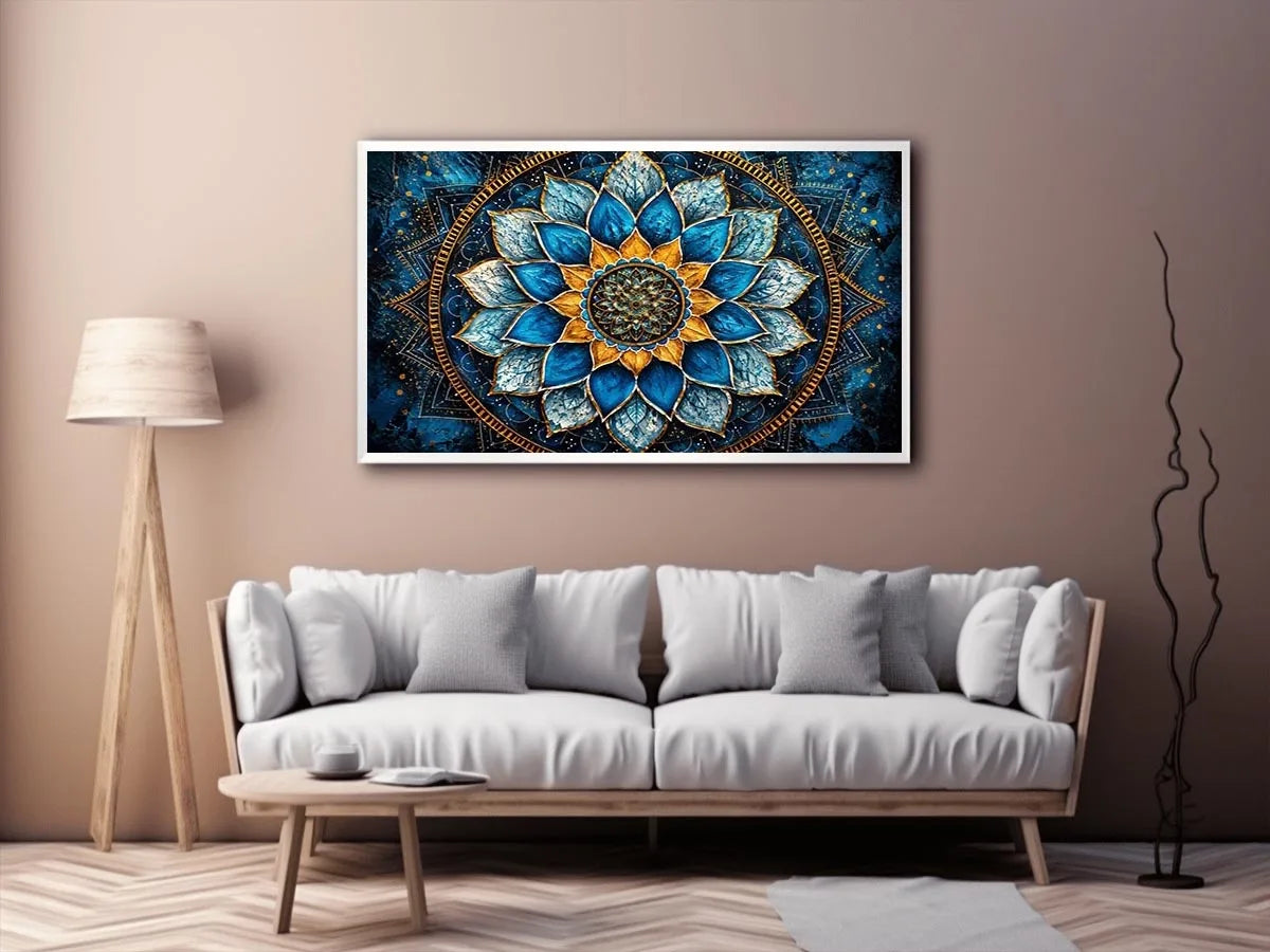 Blue lotus mandala wall art with intricate floral geometry and golden spiritual accents.