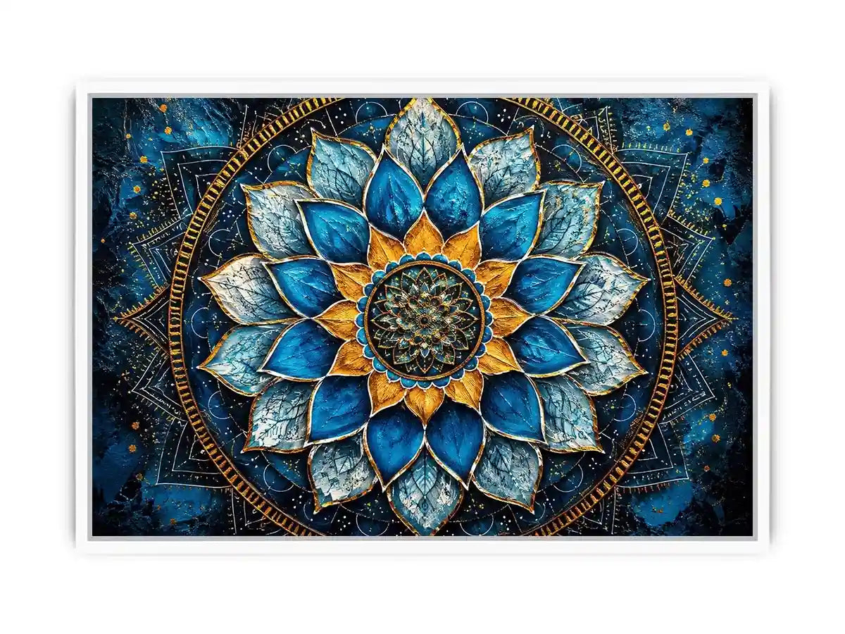 Blue lotus mandala wall art with intricate floral geometry and golden spiritual accents.