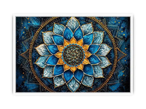 Blue lotus mandala wall art with intricate floral geometry and golden spiritual accents.