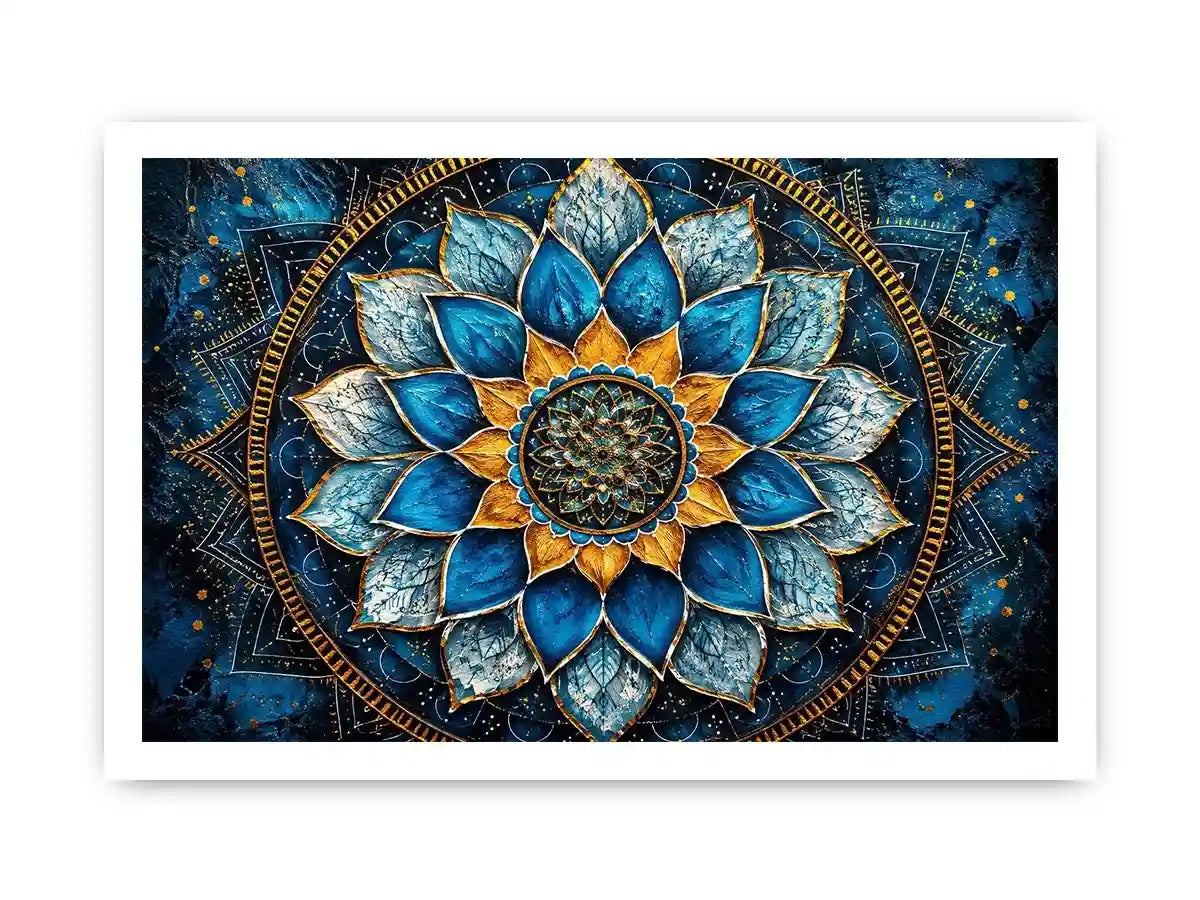 Blue lotus mandala wall art with intricate floral geometry and golden spiritual accents.