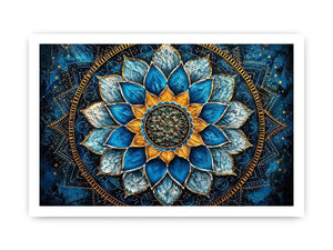 Blue lotus mandala wall art with intricate floral geometry and golden spiritual accents.