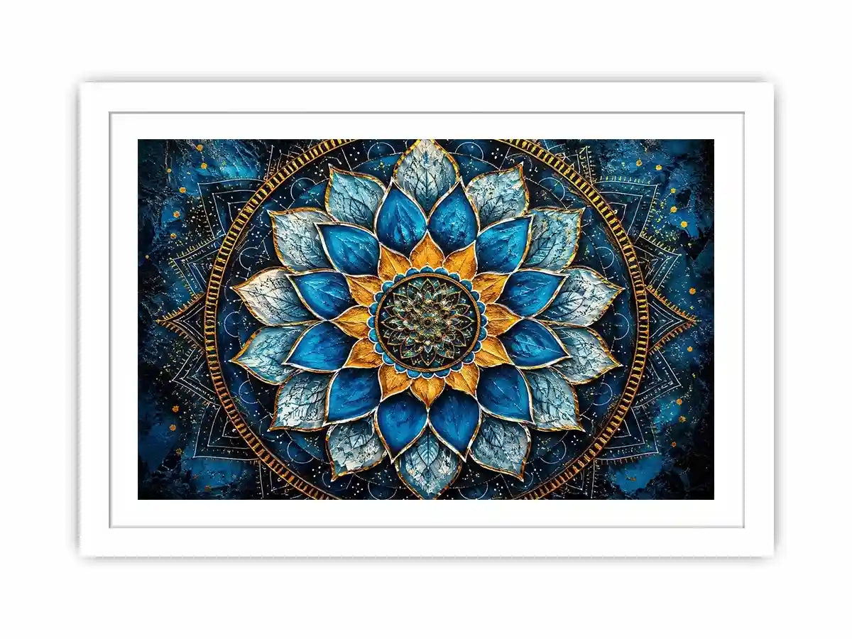 Blue lotus mandala wall art with intricate floral geometry and golden spiritual accents.