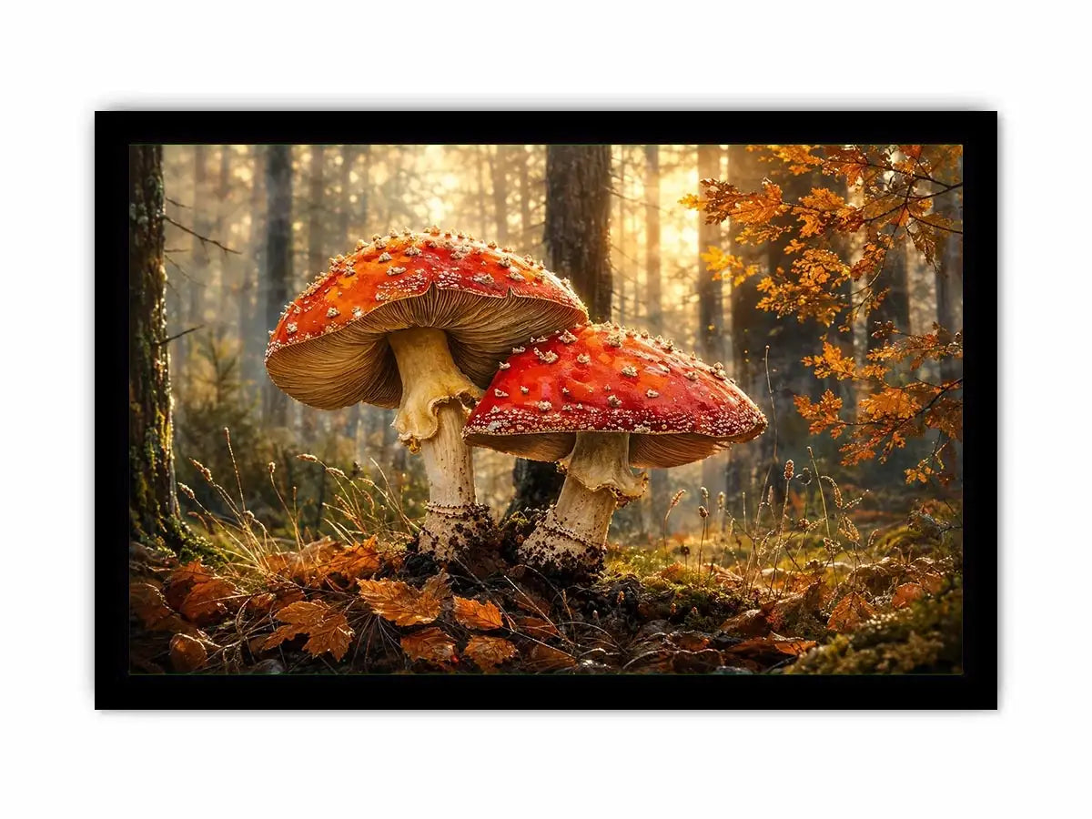 Luxury autumn mushroom forest canvas art for modern living room decor.