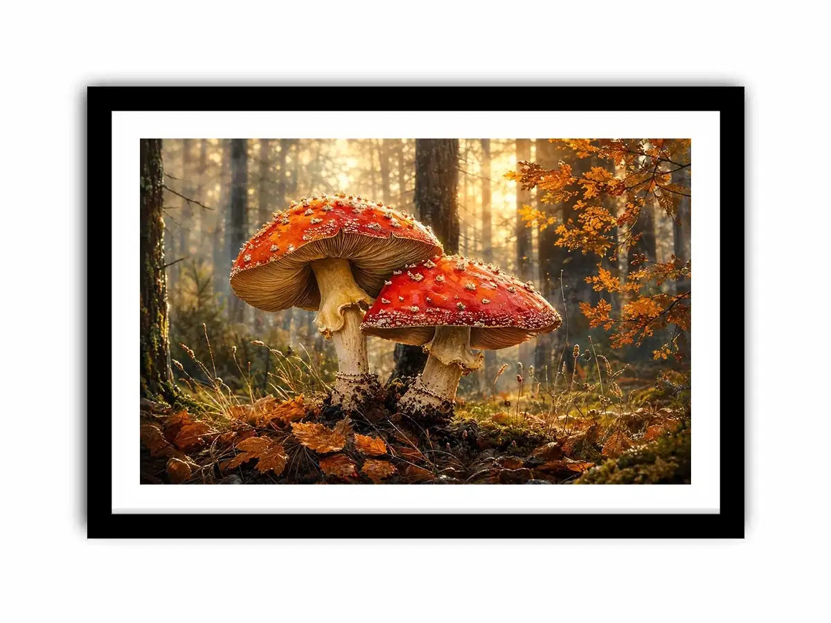 Luxury autumn mushroom forest canvas art for modern living room decor.
