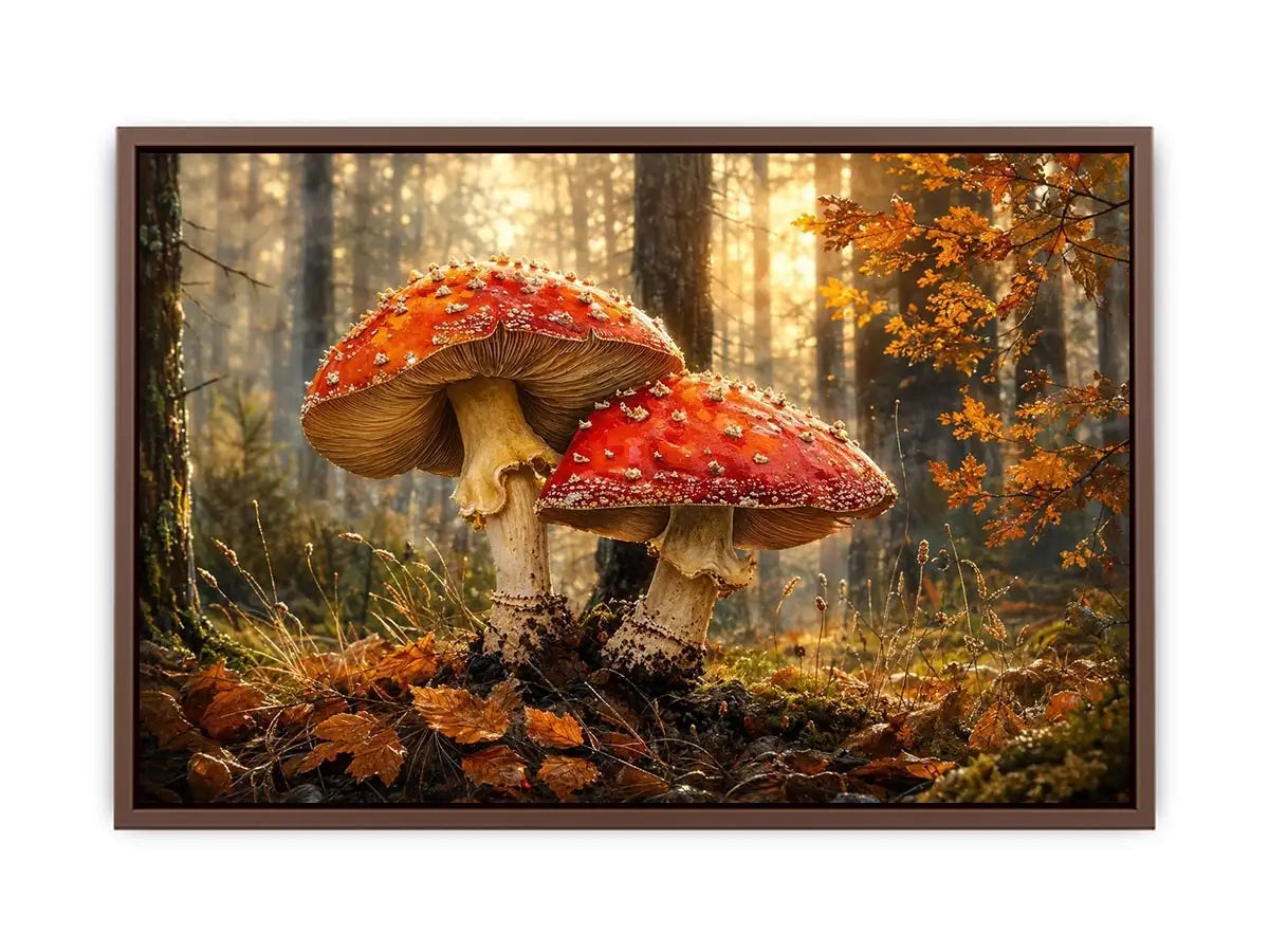 Luxury autumn mushroom forest canvas art for modern living room decor.