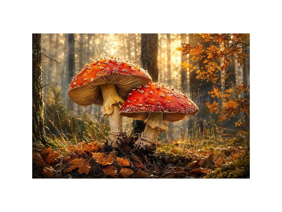 Luxury autumn mushroom forest canvas art for modern living room decor.