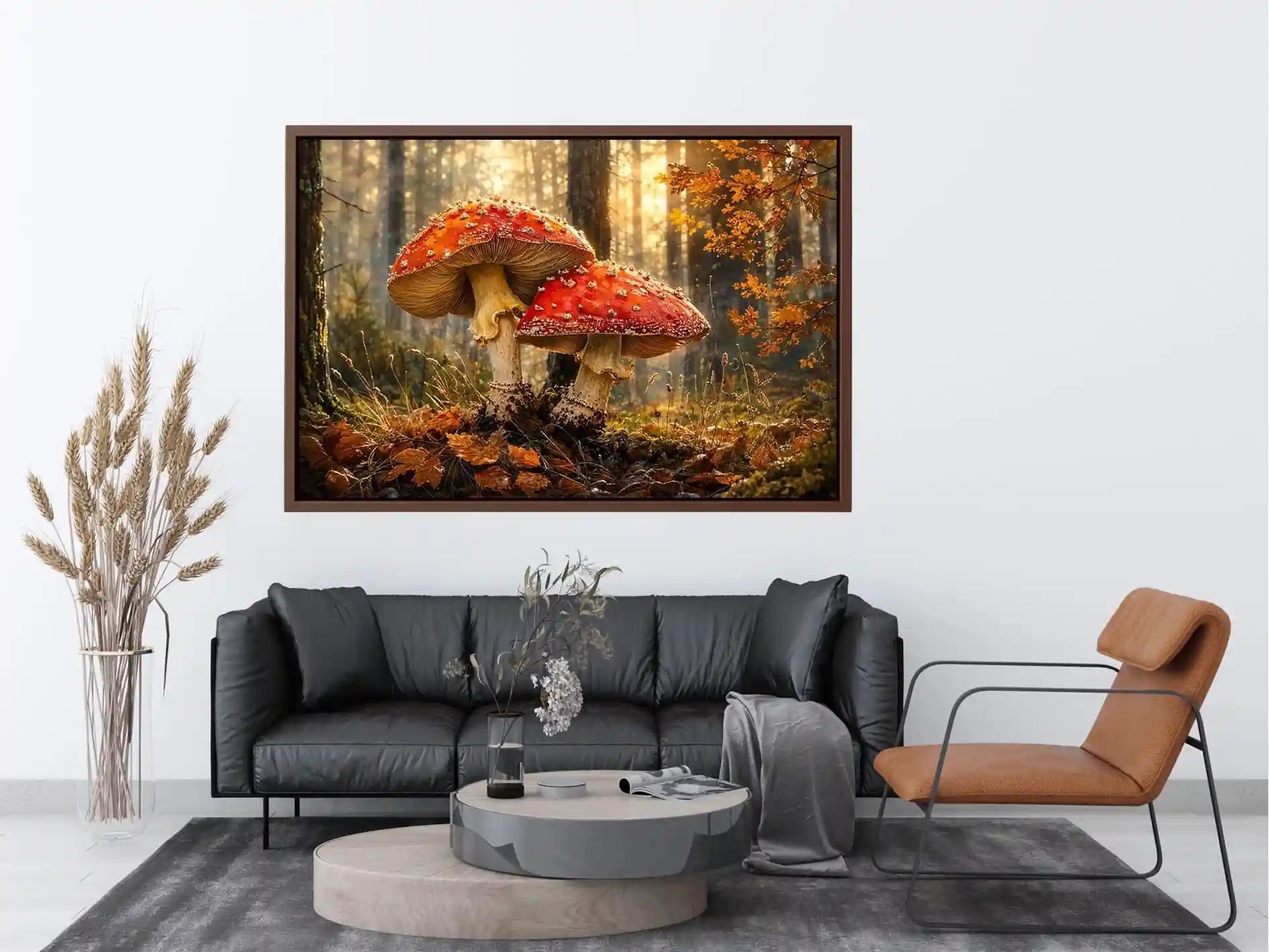 Luxury autumn mushroom forest canvas art for modern living room decor.