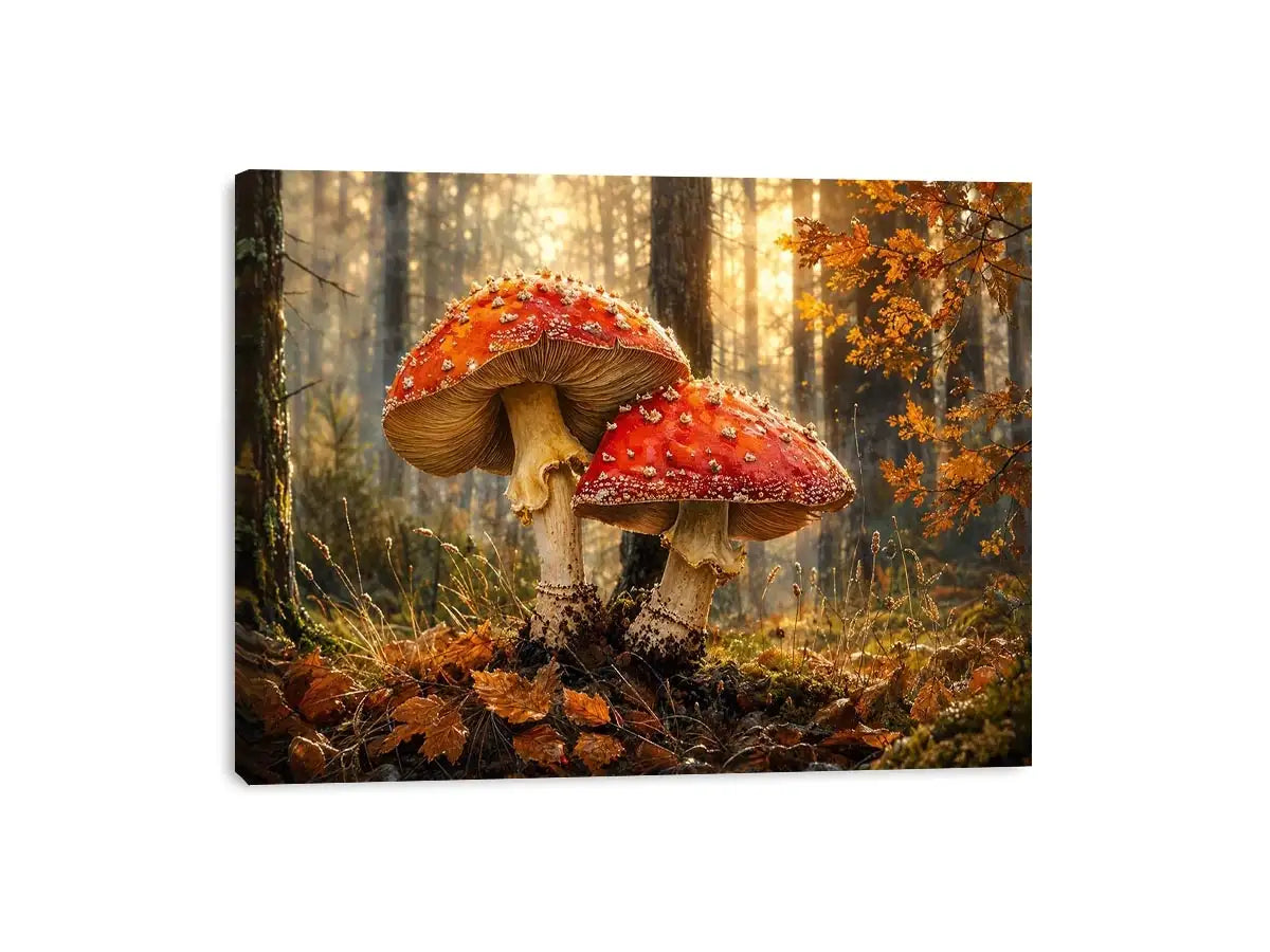 Luxury autumn mushroom forest canvas art for modern living room decor.