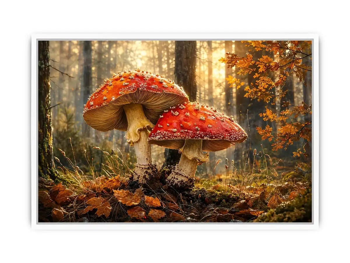 Luxury autumn mushroom forest canvas art for modern living room decor.