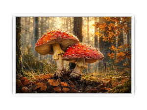 Luxury autumn mushroom forest canvas art for modern living room decor.